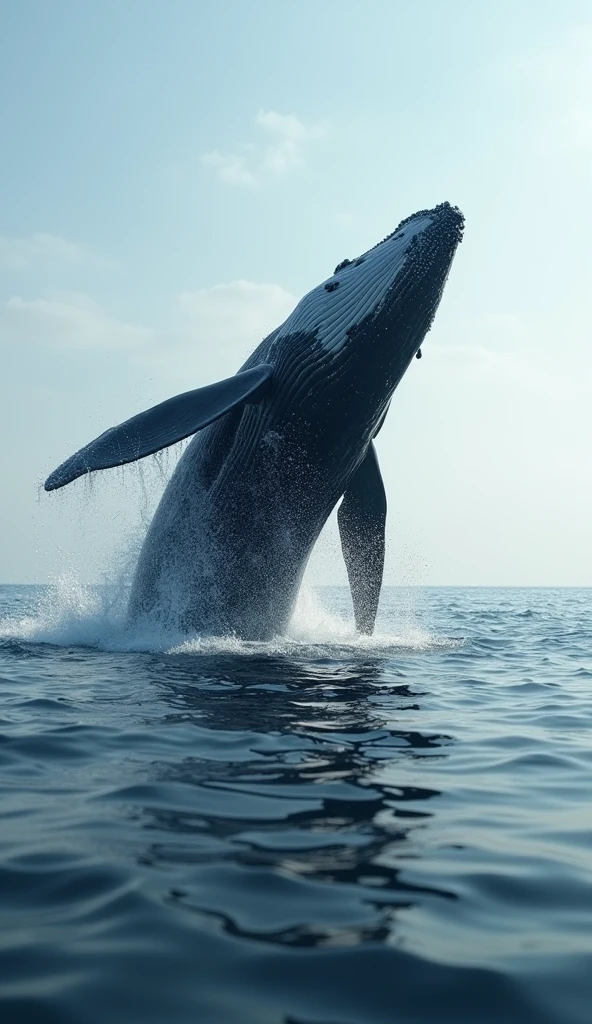 A whale breaching the ocean surface, modern day, in the open sea, water splashing around as it exhales, with a calm sea in the background, dynamic shot, hyper-realistic, photo realism, cinematography --ar 9:16