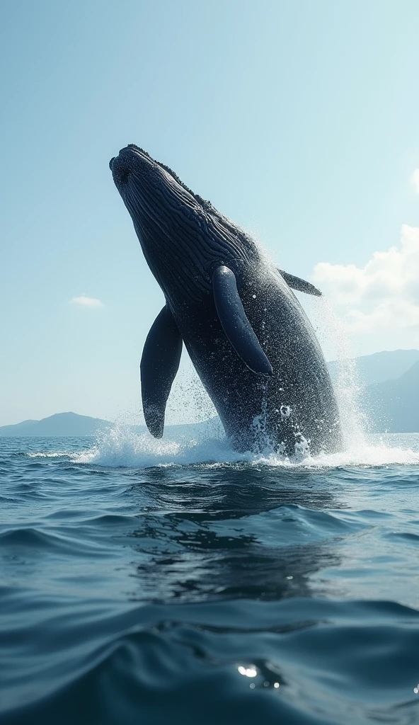 A whale breaching the ocean surface, modern day, in the open sea, water splashing around as it exhales, with a calm sea in the background, dynamic shot, hyper-realistic, photo realism, cinematography --ar 9:16