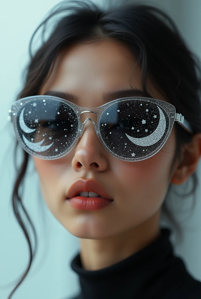 The model is wearing glass sunglasses with stars and the moon on the glass