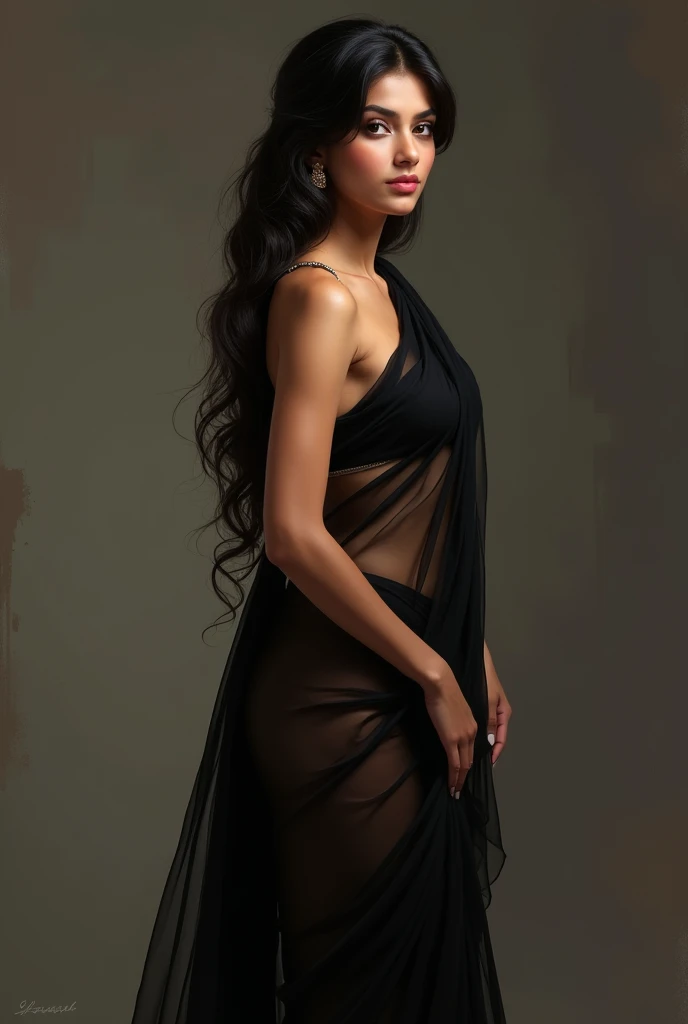 Indian girl most beautiful in the world
In black see through saree 
Low waist 
Waist naked 

