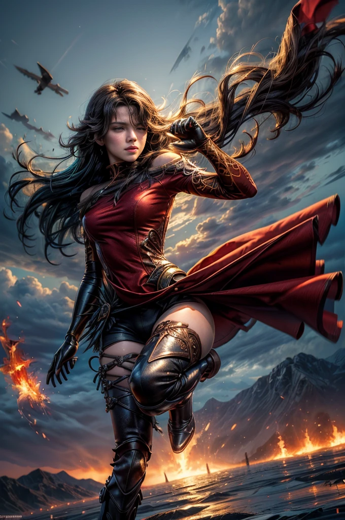 (masterpiece, best quality:1.2), cowboy shot, solo, 1girl, cinder fall, looking at viewer, long hair, red dress, elbow gloves, pantyhose, dynamic pose, flying, holding flames, high in the sky, blue sky, clouds, (volumetric lighting), sharp focus, hyper detailed 