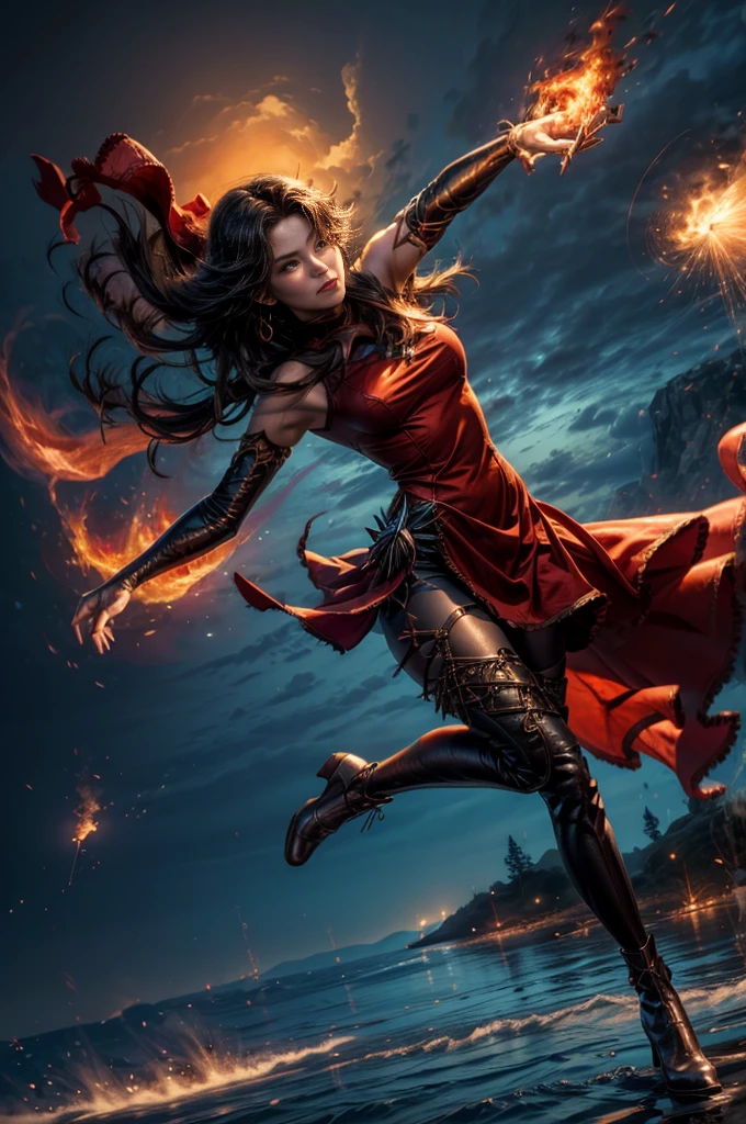 (masterpiece, best quality:1.2), cowboy shot, solo, 1girl, cinder fall, looking at viewer, long hair, red dress, elbow gloves, pantyhose, dynamic pose, flying, holding flames, high in the sky, blue sky, clouds, (volumetric lighting), sharp focus, hyper detailed 