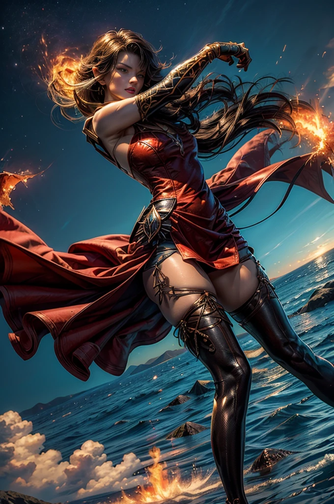 (masterpiece, best quality:1.2), cowboy shot, solo, 1girl, cinder fall, looking at viewer, long hair, red dress, elbow gloves, pantyhose, dynamic pose, flying, holding flames, high in the sky, blue sky, clouds, (volumetric lighting), sharp focus, hyper detailed