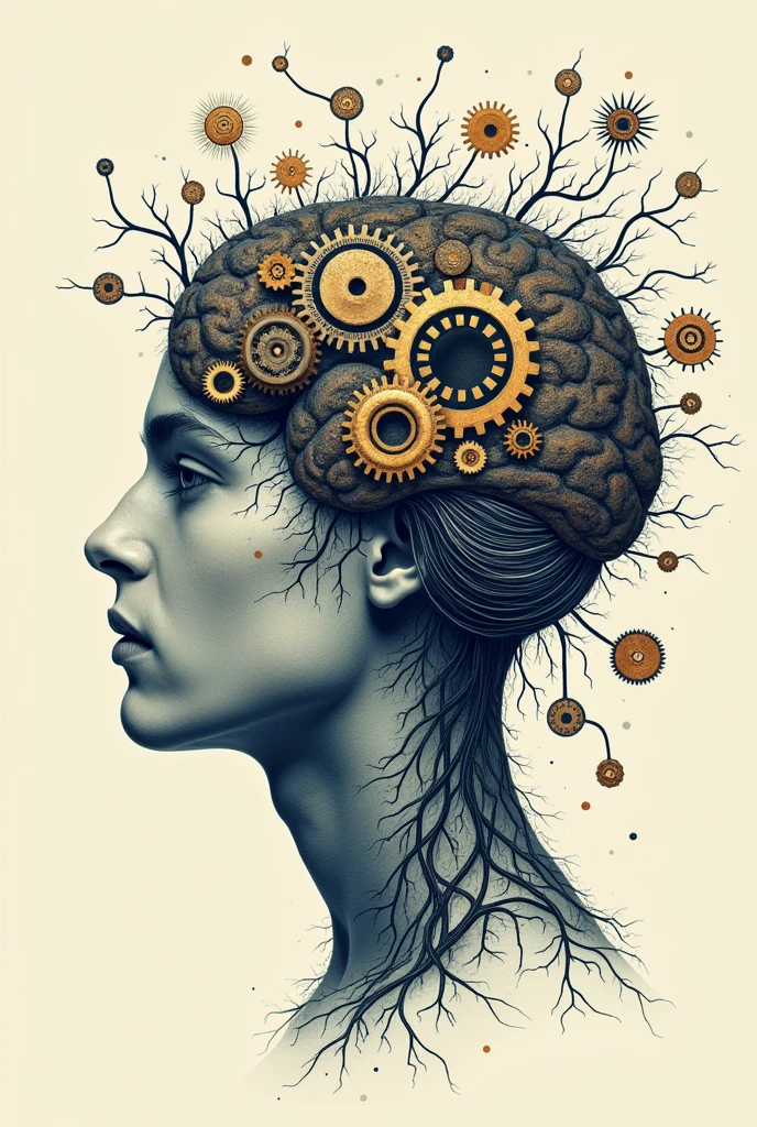 Poster of a man's face with typographic illustrations, intricate gears, interconnected neurons and elements that symbolize neurology, Create brain shapes, side view of face shape, 