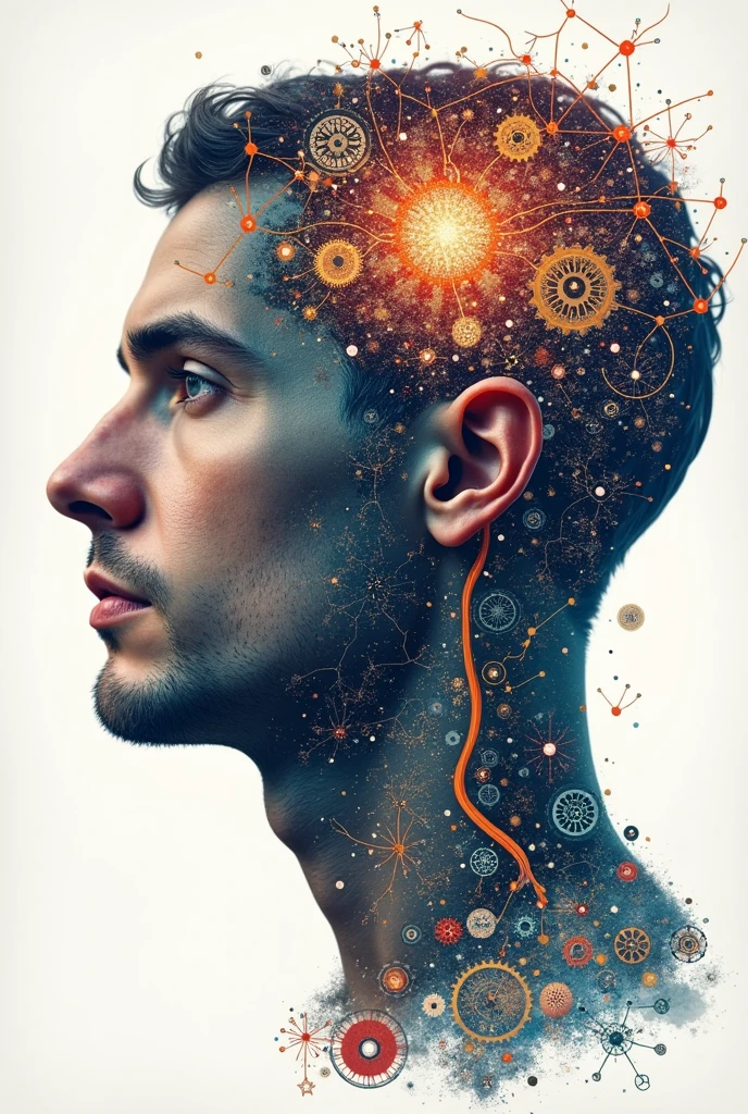 Poster of a man's face with typographic illustrations, intricate gears, interconnected neurons and elements that symbolize neurology, Create brain shapes, side view of face shape,