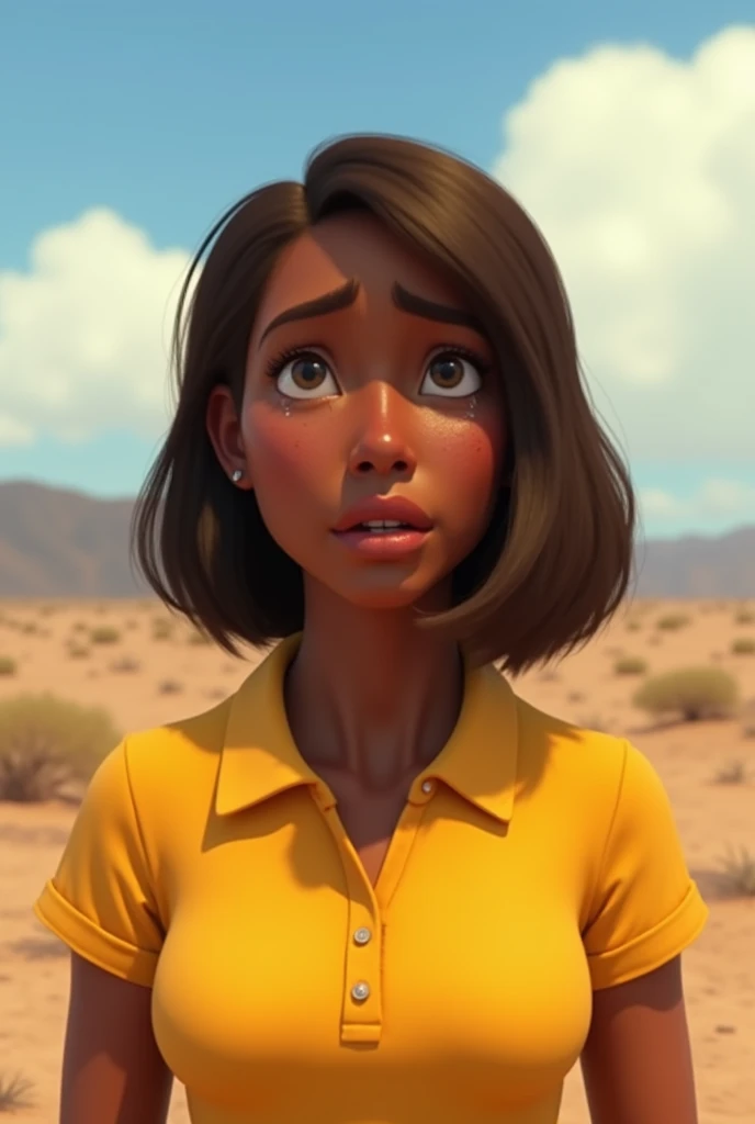 Draw a Northeastern Brazilian woman with very dark skin crying, with straight brown hair, short, He was wearing a yellow polo shirt in a deserted and waterless place.. All this in Pixar style