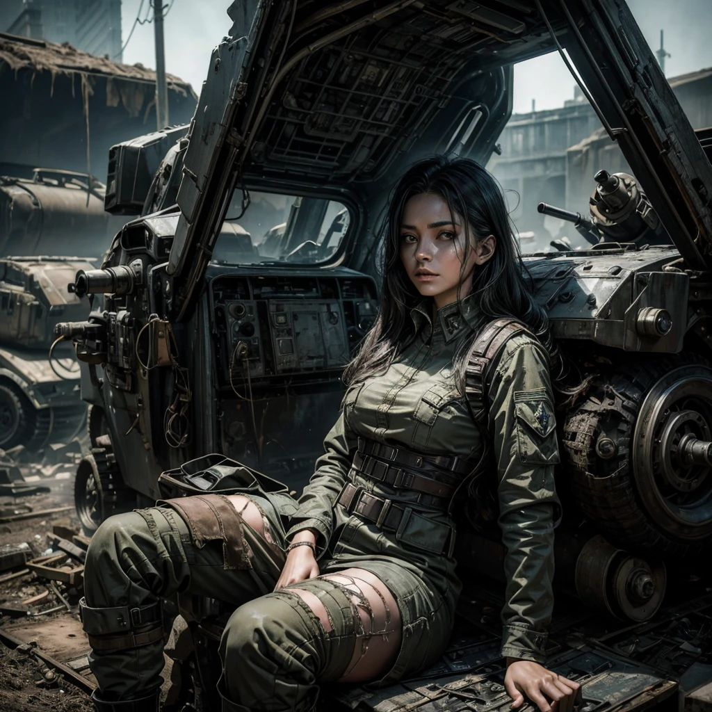 a mysterious and ghostly woman in a worn and torn uniform sitting near the remains of some military vehicles in a futuristic and dystopian scenario, the woman is framed in the foreground and with a very detailed face