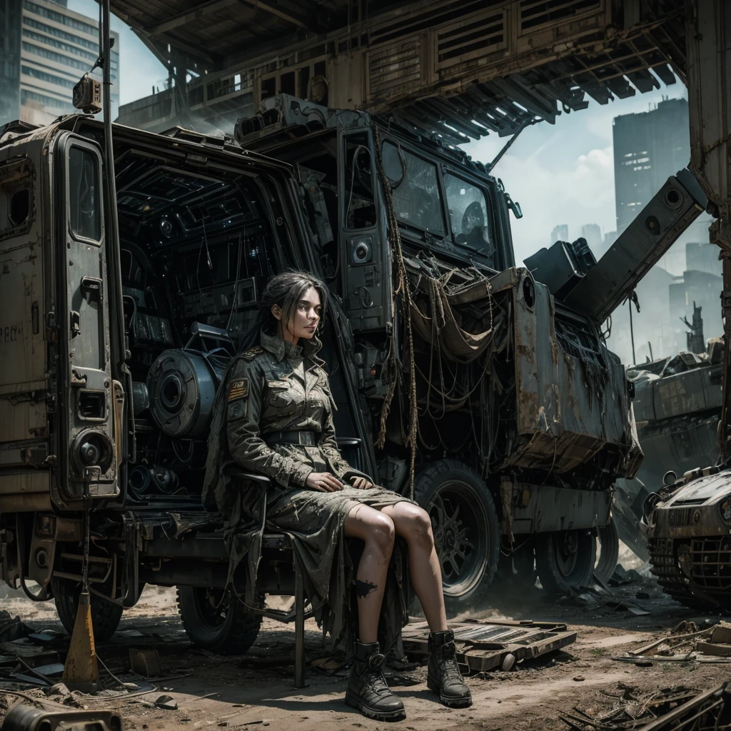 
a mysterious and ghostly woman in a worn and torn uniform sitting near the remains of some military vehicles in a futuristic and dystopian scenario, the woman is framed in the foreground and with a very detailed face