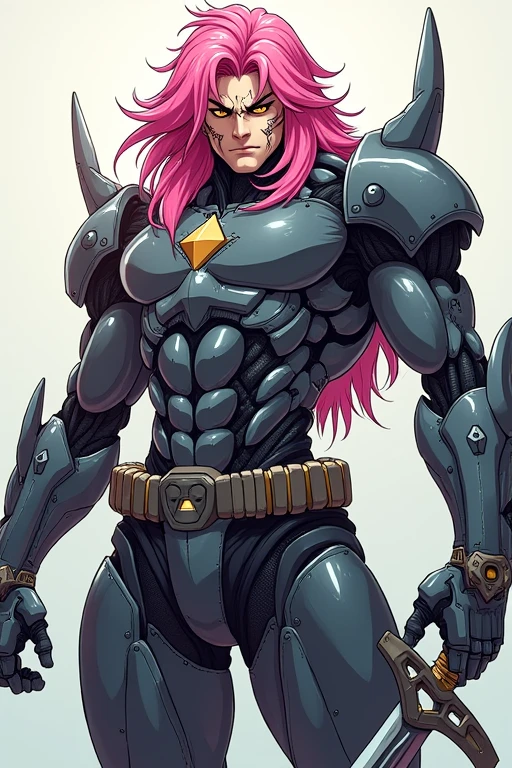 un cyborg humanoïde masculin avec une armature en metal et le visage a l'air libre avec un style d'épée a trois sabre cheveux rose mis long avec des cicatrise sur le visage dans un style d'animé
Il faut qu'il est un regard de tueur
Un aire nonchalant et manipulateur