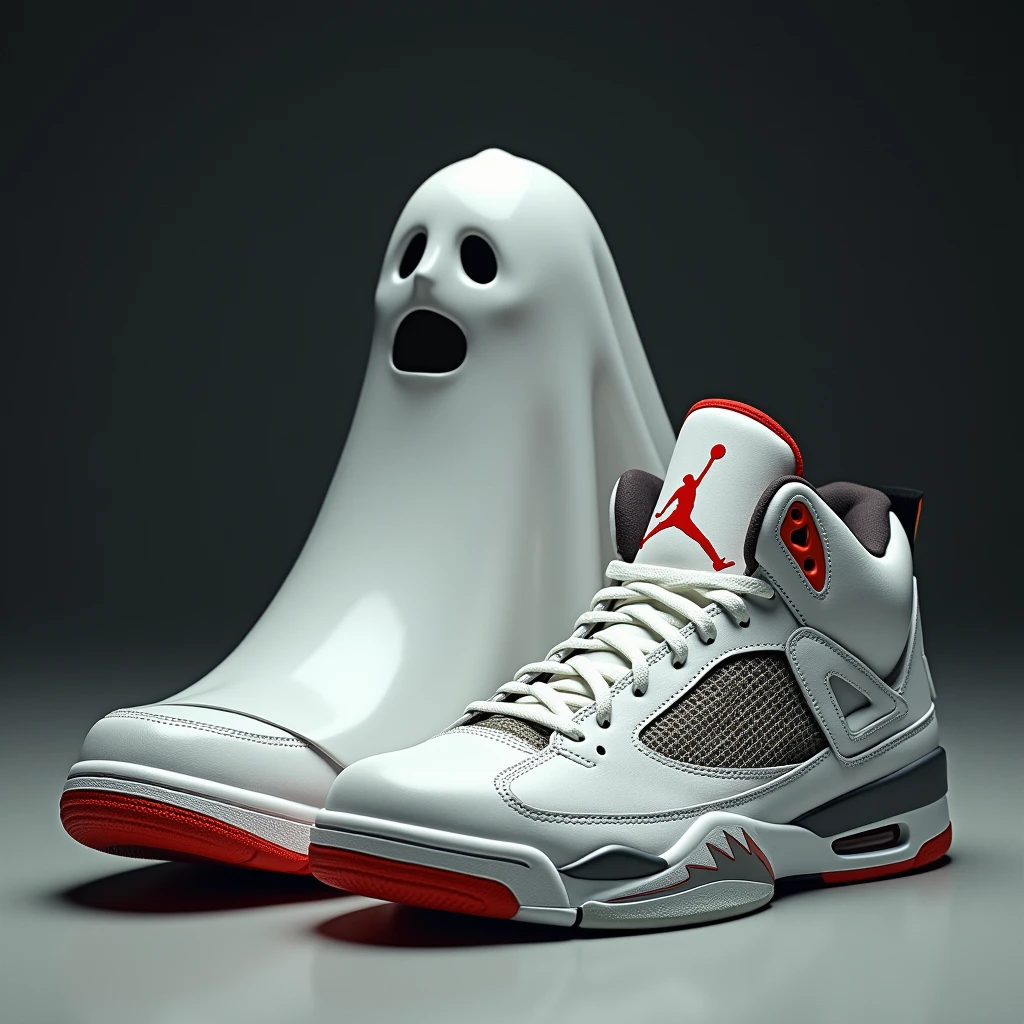 A ghost with a Jordan 13 retro on the right foot and a Jordan 4 on the left foot