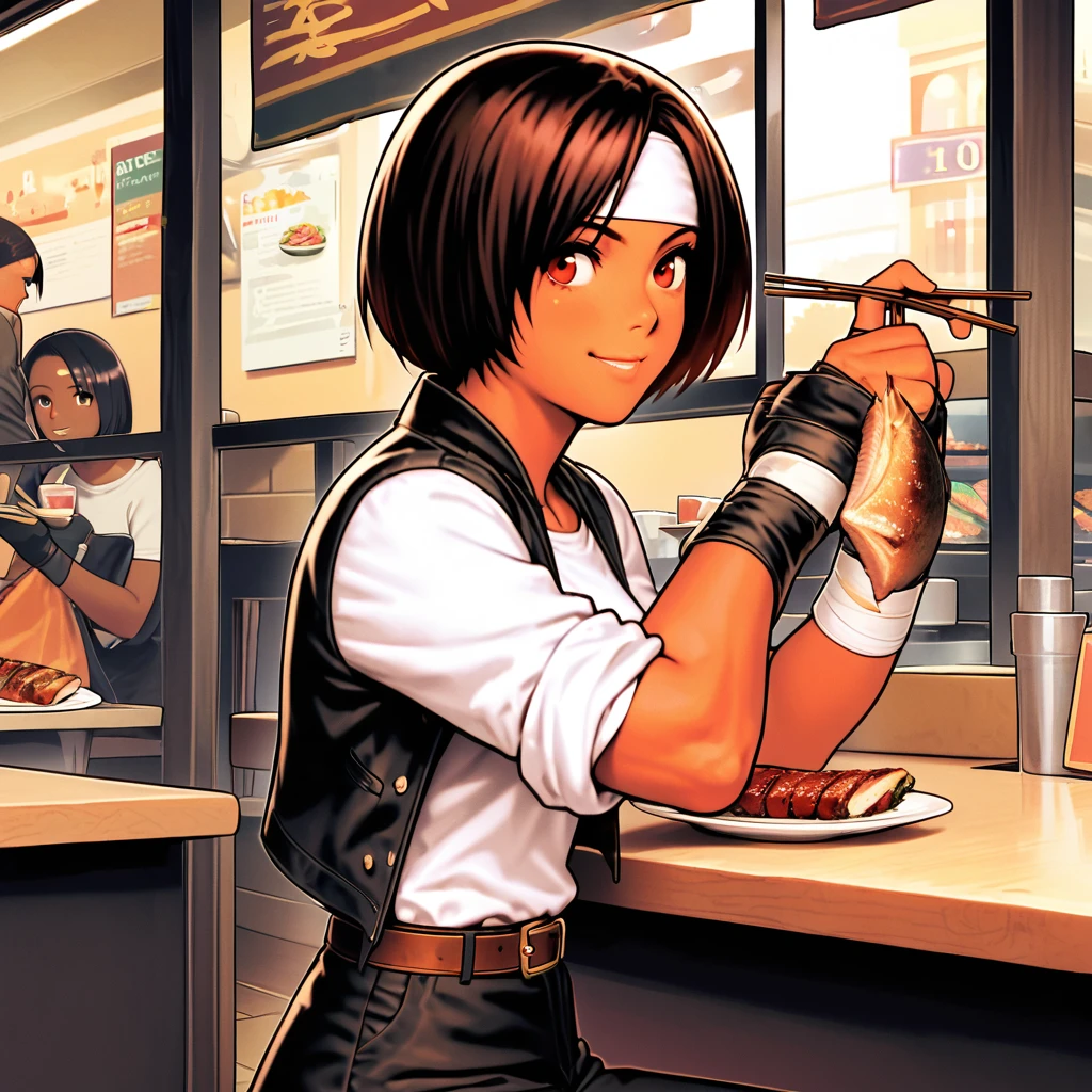 Single,Female,eating grilled fish in a restaurant,eating with mouth moving,holding chopsticks,short height,dark hair,dark skin,red eyes,((black jacket with rolled up arms)),fingerless gloves,white T-shirt,(white headband),black pants,white shoes,brown belt,cute,indoor type,charming,top quality I have a nice face, nice eyes, confident and smiling,,busy