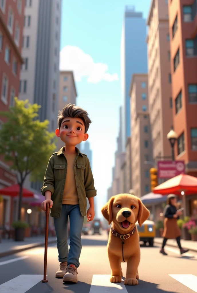 In cinematic 3D Cartoon style "A guide dog helping a visually impaired person navigate a city street"