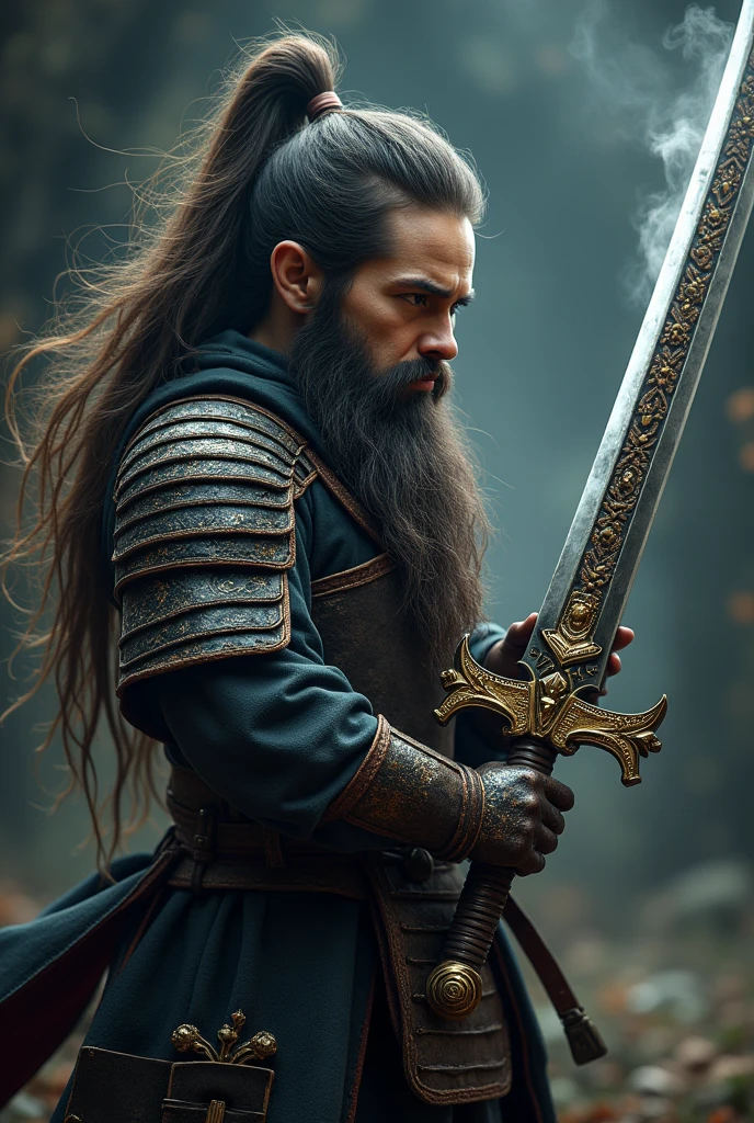 A young samurai gnome man, medieval samurai clothes, long hair, powerful aura emanating from sword, detailed face, intricate armor, ornate sword, dramatic lighting, dark fantasy, muted colors, cinematic composition, hyper detailed, masterpiece, 8k, photorealistic