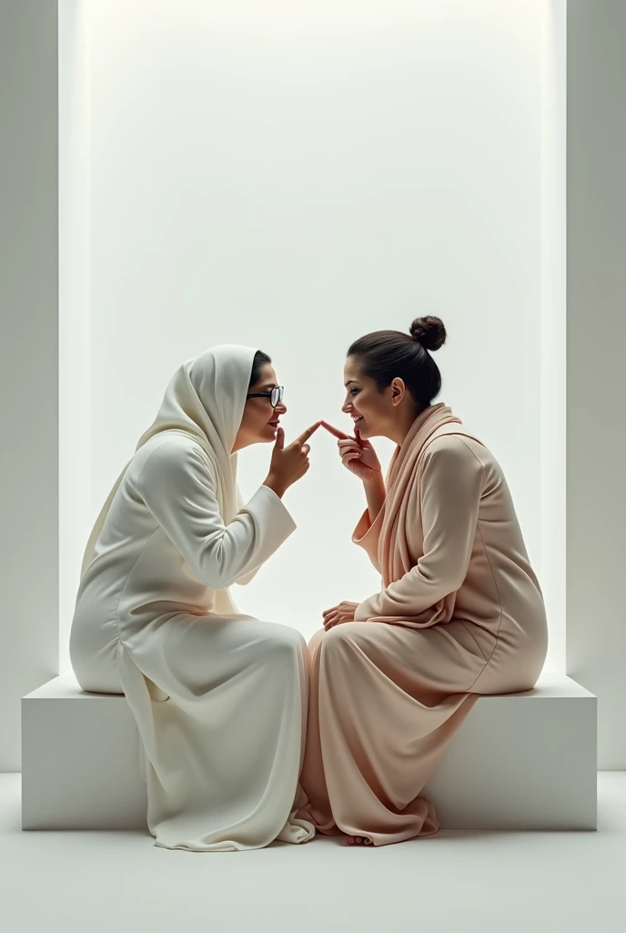genarate a picture of sheikh hasina and khaleda jia pinching each others one cheeks while sitting in a white room without any furniture . sheikh hasina was the prime miniister of bangladesh and khaleda jis was a former president 
