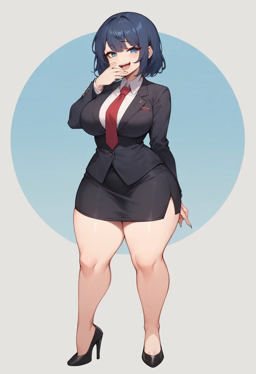 1adult woman, solo, long straight hair, hair bangs, bangs covering forehead, standing, dark blue hair,black blazer, white shirt, red tie, black pencil skirt, busty, thick thighs, wide hips, big soft thighs, shapely legs, black high heels, full body shown, white background,simple eyes, long fingernails, thick thighs pressed together, smug face, smug, smirk, teasing, blue eyes, entire body shown,one hand covering mouth , half-lidded eyes, open mouth, hand on waist, full body showing