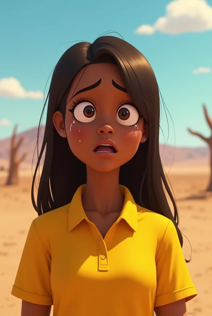 Draw a Northeastern Brazilian woman with very dark skin crying, with long, straight brown hair, short, He was wearing a yellow polo shirt in a deserted and waterless place.. All this in Pixar style