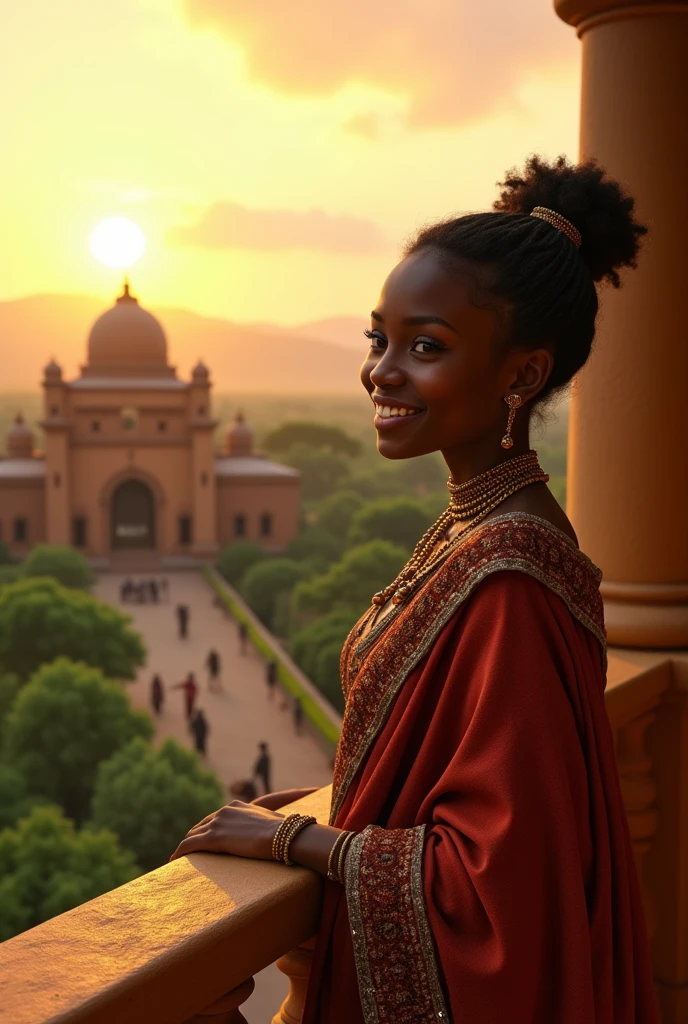 A serene African village nestled in a lush savannah during the golden hour. In the center, a majestic palace rises, with a beautiful young princess standing on a balcony. She is adorned in traditional royal attire with intricate beadwork and a radiant smile. The scene is peaceful, with villagers happily going about their day in the background."