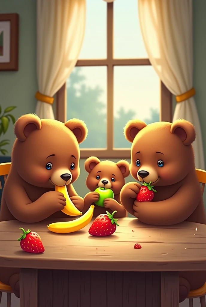3 bears eating in the dinning table.
The dad bear sitting eating a banana.
The mom bear sitting eating an green apple.
The ??? bear sitting eatind a strawberry.