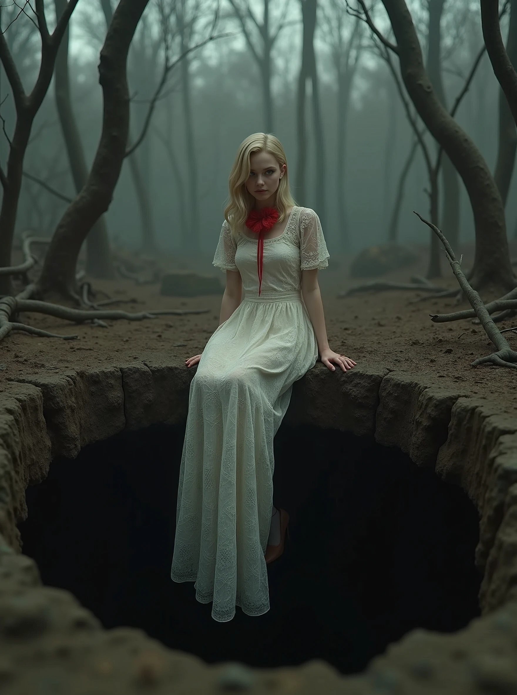 (Photorealism:1.1), Young woman, blonde, medium length hair, Long legs, Beauty, medium breasts, dressed in a long white dress, lace dress, A long train of her dress hangs over the edge of the pit, The pit is only in the foreground, gray eyes color, The background is a dense, dry, gloomy forest of thin branches, a view from inside the grave, Young woman сидит на краю ямы свесив ноги, The view is directed inside the pit, looks up, a red lace, fluffy bow around her neck, The pit is dug in the ground, The edges of the pit are earthen, The pit walls are made of earth, The earth is dark brown, A wide pit, even edges