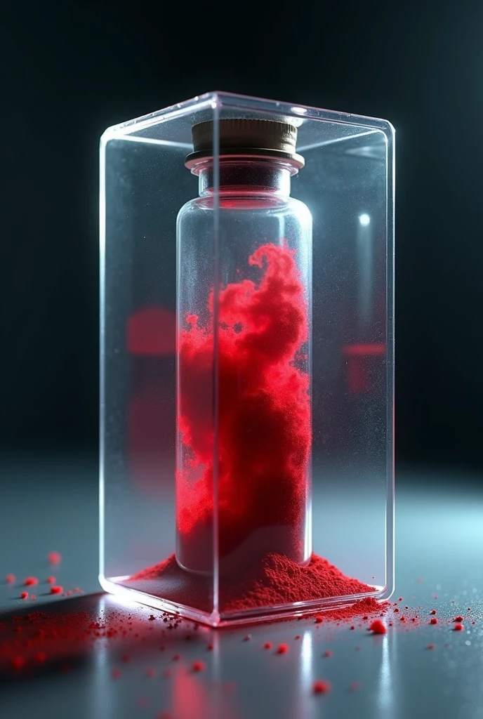 vial, red dust in vial, vial in plastic box