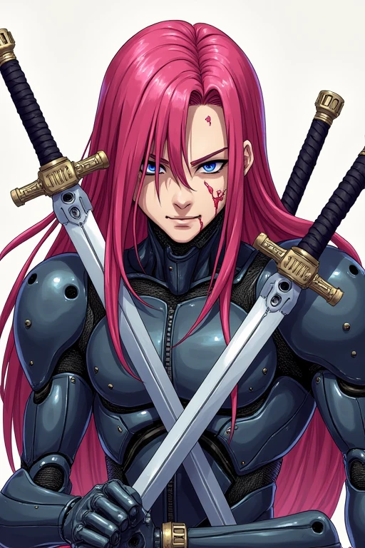 un cyborg humanoïde masculin avec une armature en metal et le visage a l'air libre avec des cheveux rose mis long avec des cicatrise sur le visage dans un style d'animé
Il faut qu'il est un regard de tueur
Un aire nonchalant et manipulateur
Il a 3 sabres
