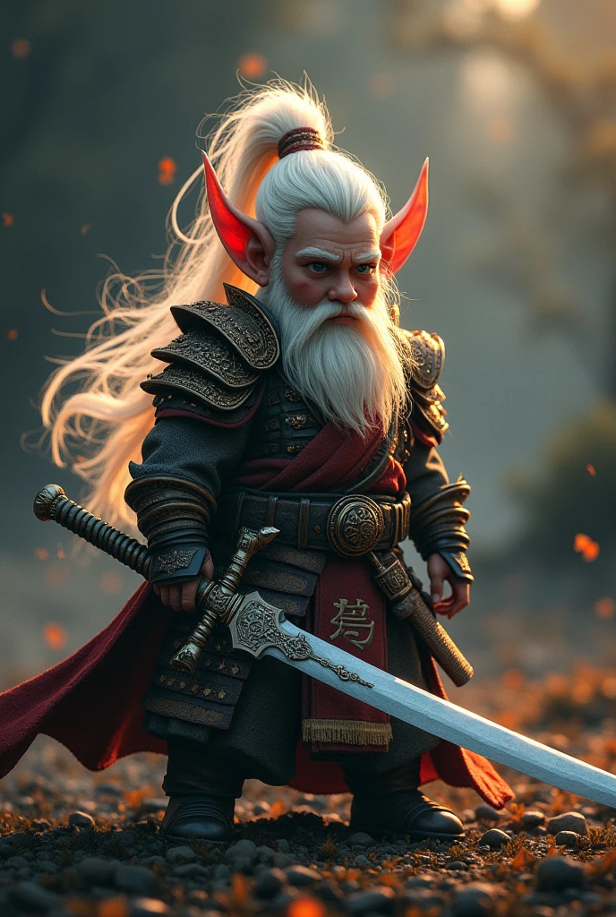 A young samurai gnome, medieval samurai clothes, long hair, powerful aura emanating from sword, detailed face, intricate armor, ornate sword, dramatic lighting, dark fantasy, muted colors, cinematic composition, hyper detailed, masterpiece, 8k, photorealistic