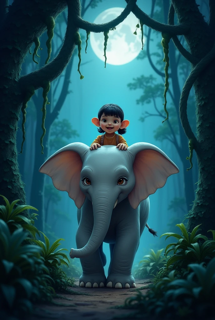 Follow in dark night jungle with cute white elephant up back side frame