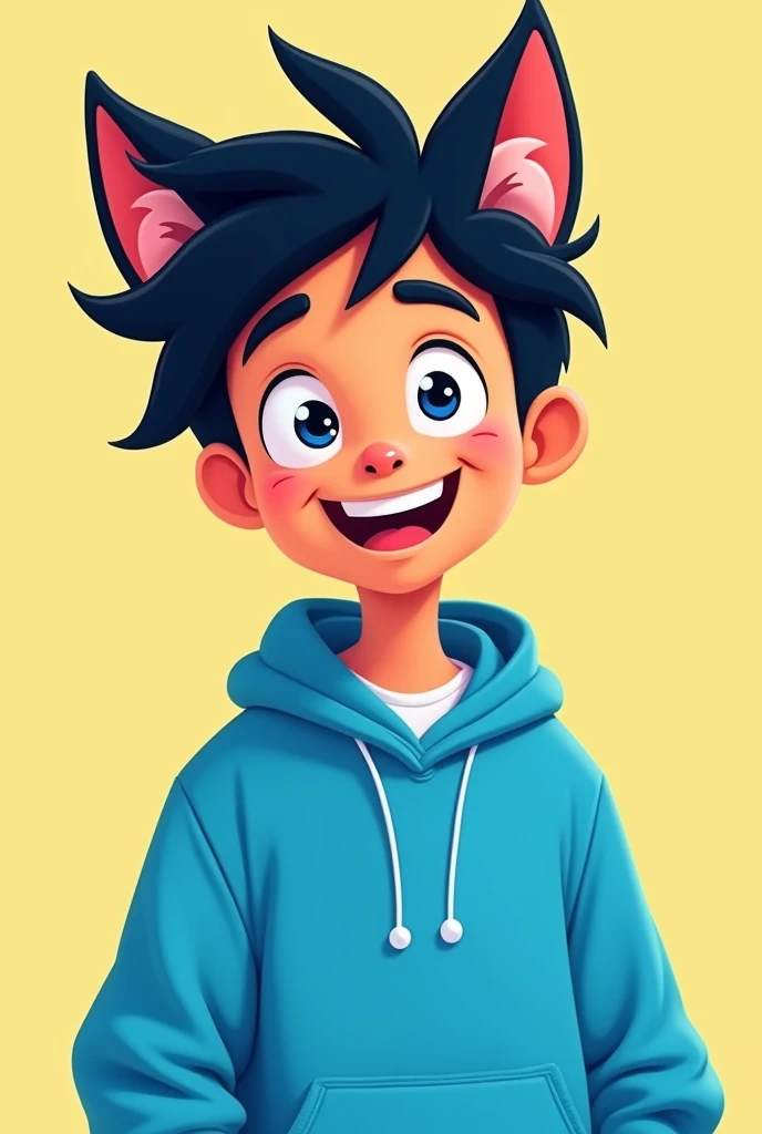 Male cartoon character with black hair, cat ears, blue sweatshirt, open eyes and open mouth.