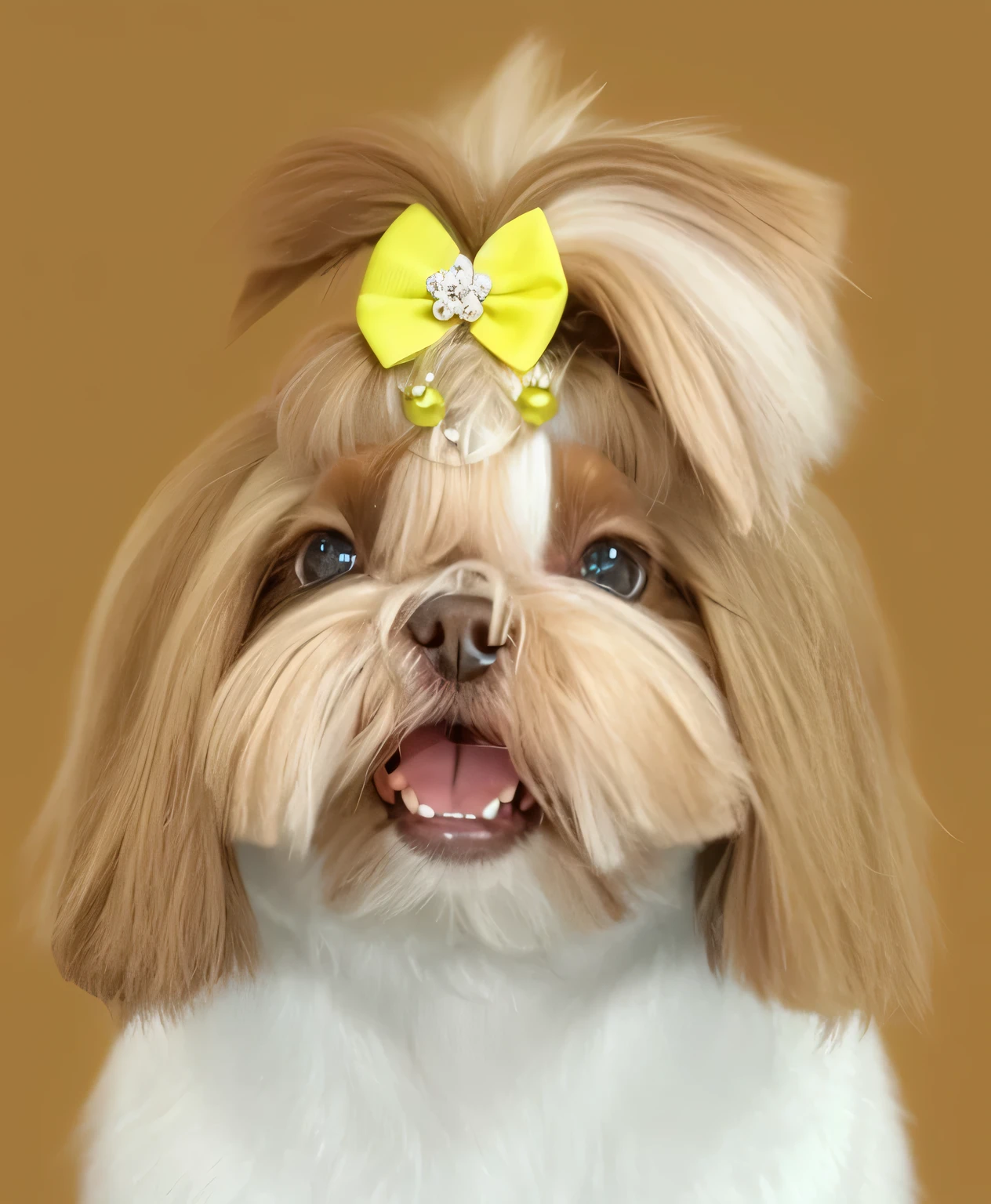 a very cute furry dog, hairs drawn like cartoon, perfectly drawn eyes, eyes like a cartoon drawing, beautiful eyes, perfect eyes, she is very happy, she is smiling, the image is very detailed