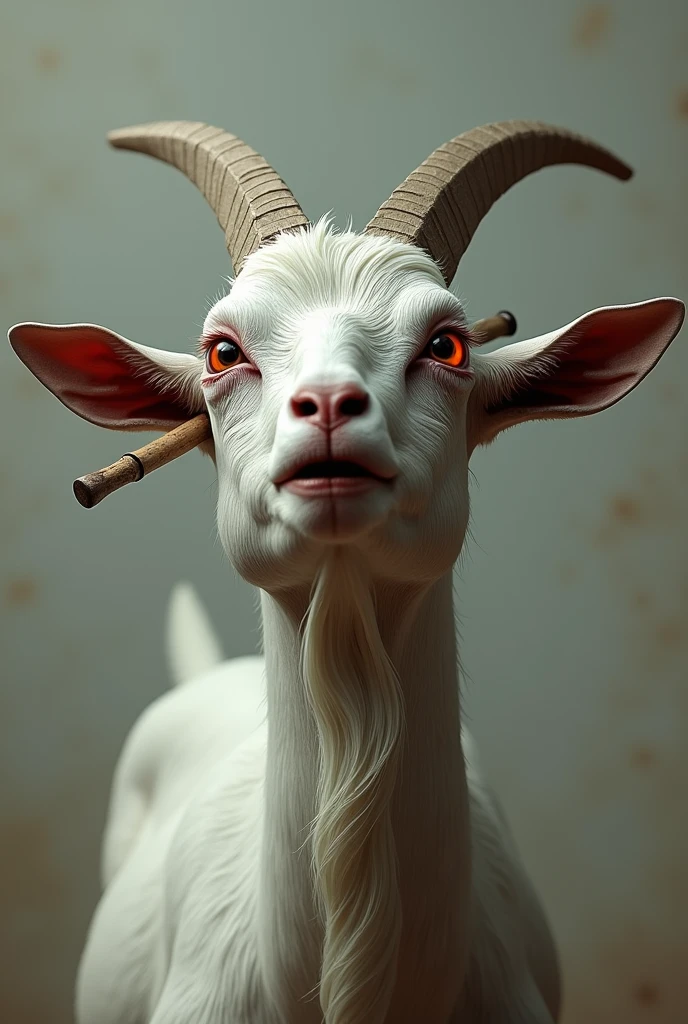 Goat with a stick poking out its eyes