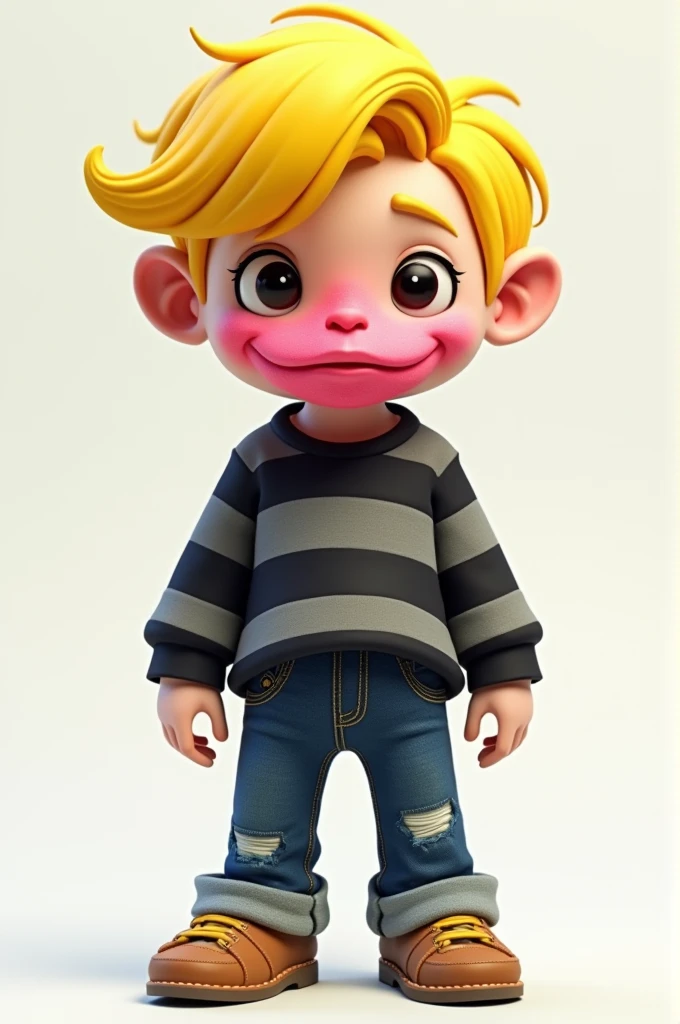 Male character with yellow hair, pink in the mouth, black and gray striped shirt, jean with a heel.