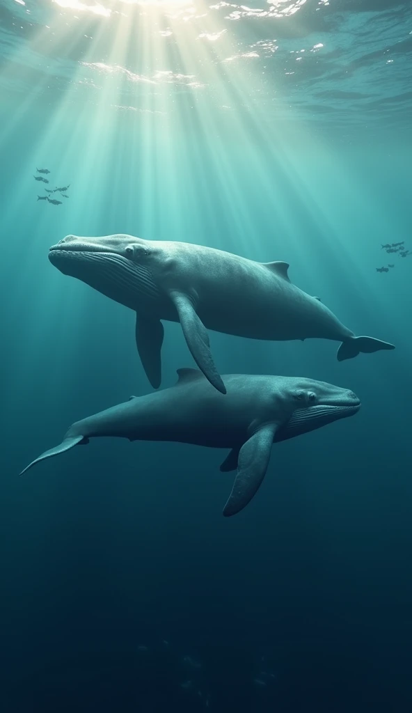 A mother whale with a calf, modern day, swimming in sync underwater, the calf mimicking the mother’s behavior, surrounded by a tranquil ocean setting, wide shot, hyper-realistic, photo realism, cinematography --ar 9:16.