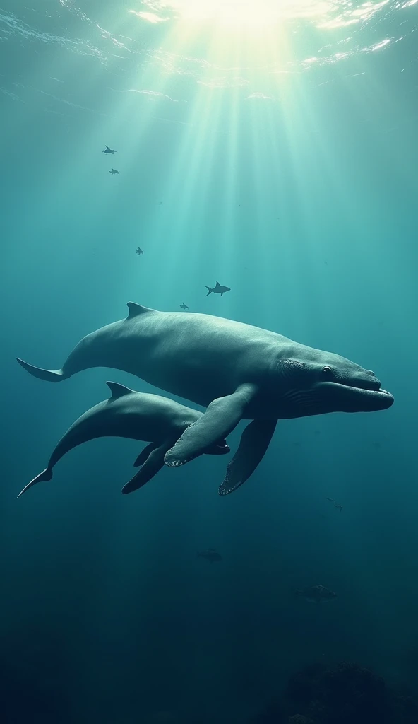 A mother whale with a calf, modern day, swimming in sync underwater, the calf mimicking the mother’s behavior, surrounded by a tranquil ocean setting, wide shot, hyper-realistic, photo realism, cinematography --ar 9:16.