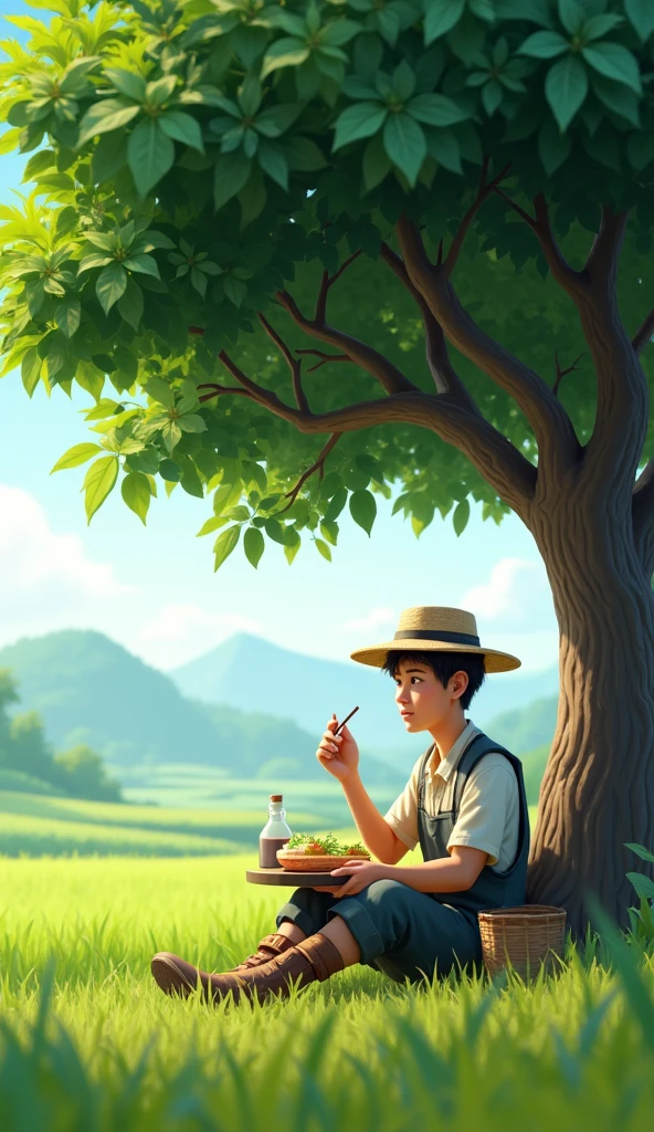 A 20 year old farmer named Nam, dressed in farmer&#39;s clothes, sat having lunch under a big tree. 
, the landscape of rice fields surrounds him. Hình 3d
