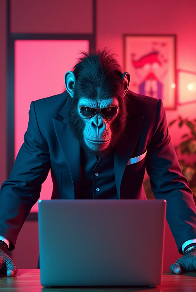 please help with a colourful background gangster ape picture in an office pressing laptop but the laptop is backing the camera