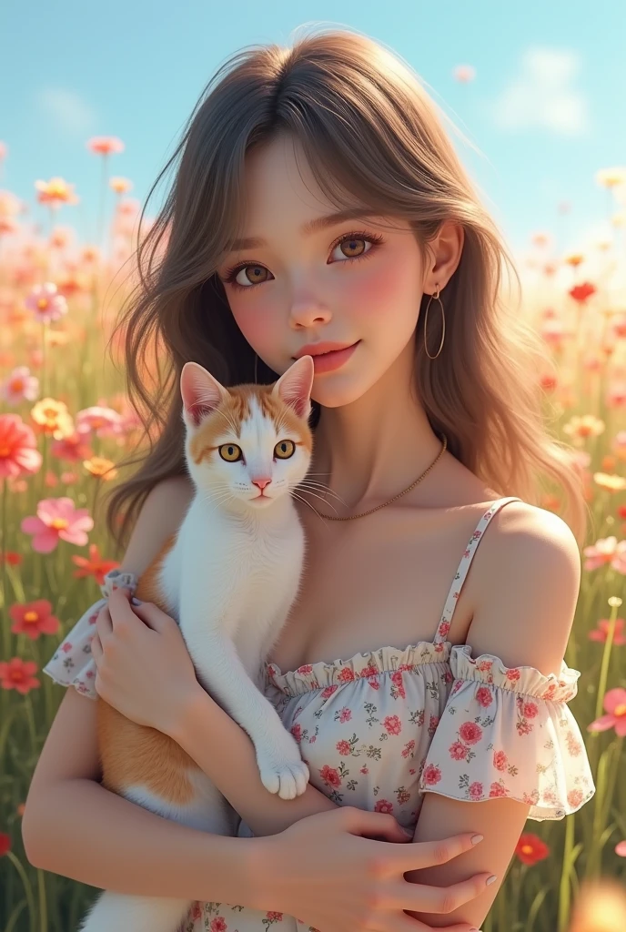 one girl, (a beauty girl, delicate girl:1.3), (18 years old:1.3),
break, (Casual style, put out nudity, White Floral long dress:1.3),
break, (Hugging a cat, Lush flower field, blue sky:1.3),
break, very fine eyes, (symmetrical eyes:1.3),
break, (medium breasts:1.5), brown eyes, parted bangs, brown hair,
break, (eyes and faces with detailed:1.0),
break, (bokeh, shallow depth of field, masterpiece, best quality, ultra detailed, detailed face, 8k)
