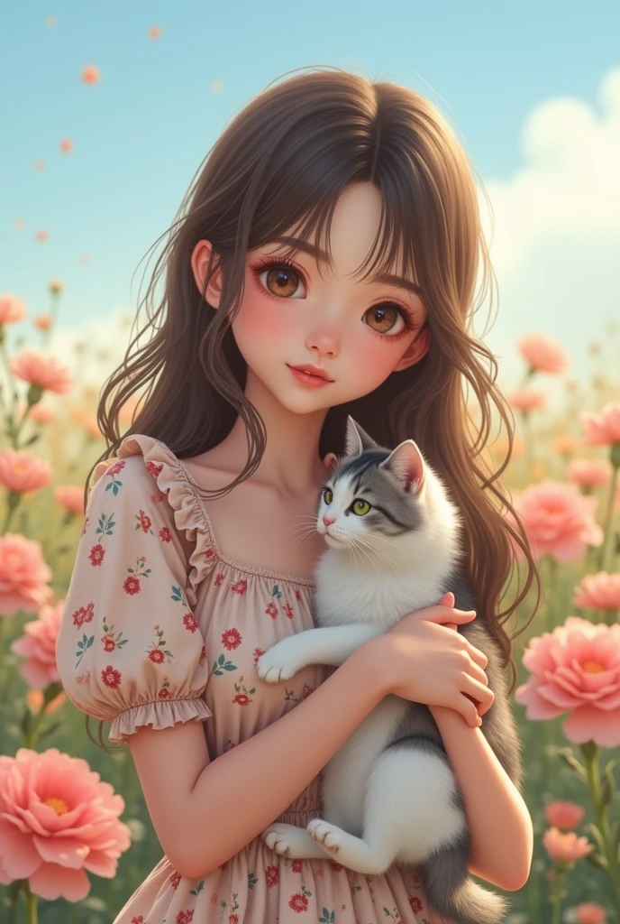 one girl, (a beauty girl, delicate girl:1.3), (18 years old:1.3),
break, (Casual style, put out nudity, White Floral long dress:1.3),
break, (Hugging a cat, Lush flower field, blue sky:1.3),
break, very fine eyes, (symmetrical eyes:1.3),
break, (medium breasts:1.5), brown eyes, parted bangs, brown hair,
break, (eyes and faces with detailed:1.0),
break, (bokeh, shallow depth of field, masterpiece, best quality, ultra detailed, detailed face, 8k)