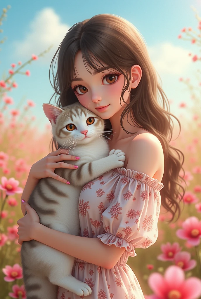 one girl, (a beauty girl, delicate girl:1.3), (18 years old:1.3),
break, (Casual style, put out nudity, White Floral long dress:1.3),
break, (Hugging a cat, Lush flower field, blue sky:1.3),
break, very fine eyes, (symmetrical eyes:1.3),
break, (medium breasts:1.5), brown eyes, parted bangs, brown hair,
break, (eyes and faces with detailed:1.0),
break, (bokeh, shallow depth of field, masterpiece, best quality, ultra detailed, detailed face, 8k)