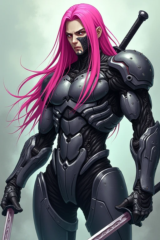 un cyborg humanoïde masculin avec une armature en metal et le visage a l'air libre avec des cheveux rose mis long avec des cicatrise sur le visage dans un style d'animé
Il faut qu'il est un regard de tueur
Un aire nonchalant et manipulateur
Il a 3 sabres
