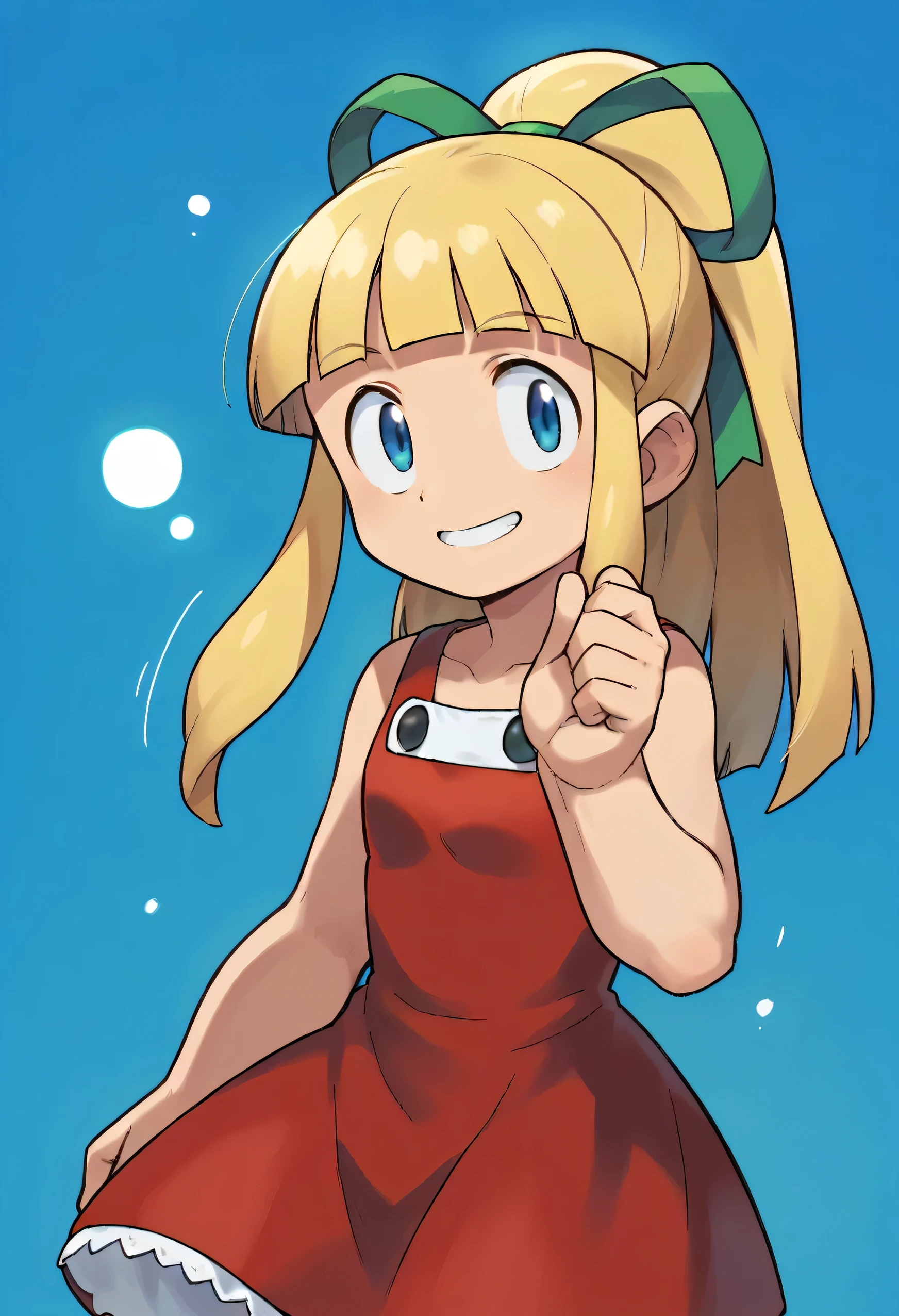 score_9, score_8_up, score_7_up, source_anime, solo, ishikawa hideki style, Roll (Mega man), long hair, bangs, blue eyes, blonde hair, dress, ribbon, hair ribbon, ponytail, sidelocks, collarbone, sleeveless, blunt bangs, sleeveless dress, red dress, green ribbon, medium chest, standing up smile, blue background