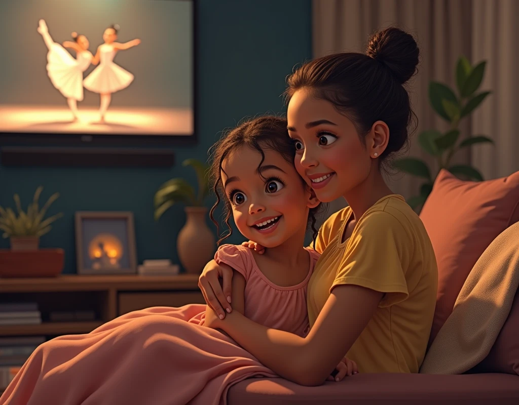 A mother and her daughter watching a ballet film together at home, both enchanted. The image should evoke the warmth and detail of a Norman Rockwell illustration, capturing the intimate, joyful moment. The people in this image must be black and with Brazilian characteristics.