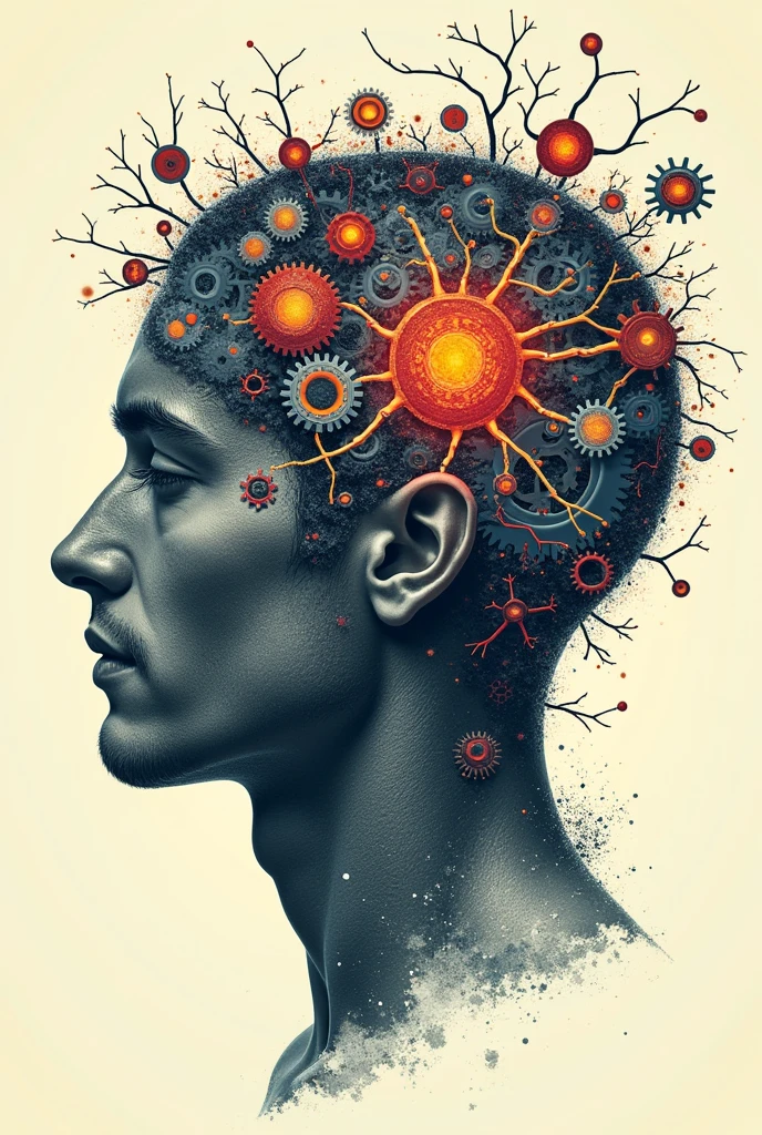 Poster of a man's face with typographic illustrations, intricate gears, interconnected neurons and elements that symbolize neurology, Create brain shapes, side view of face shape, 