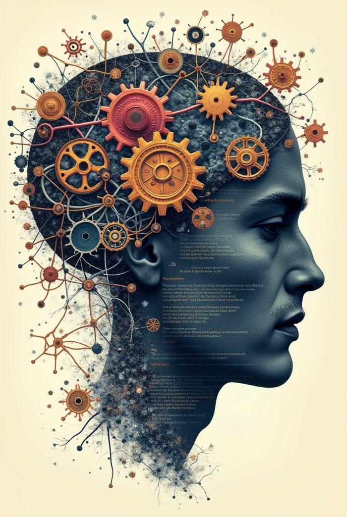 Poster of a man's face with typographic illustrations, intricate gears, interconnected neurons and elements that symbolize neurology, Create brain shapes, side view of face shape, 