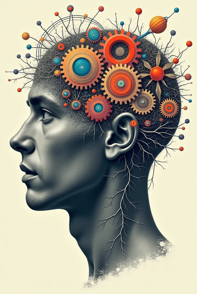 Poster of a man's face with typographic illustrations, intricate gears, interconnected neurons and elements that symbolize neurology, Create brain shapes, side view of face shape,