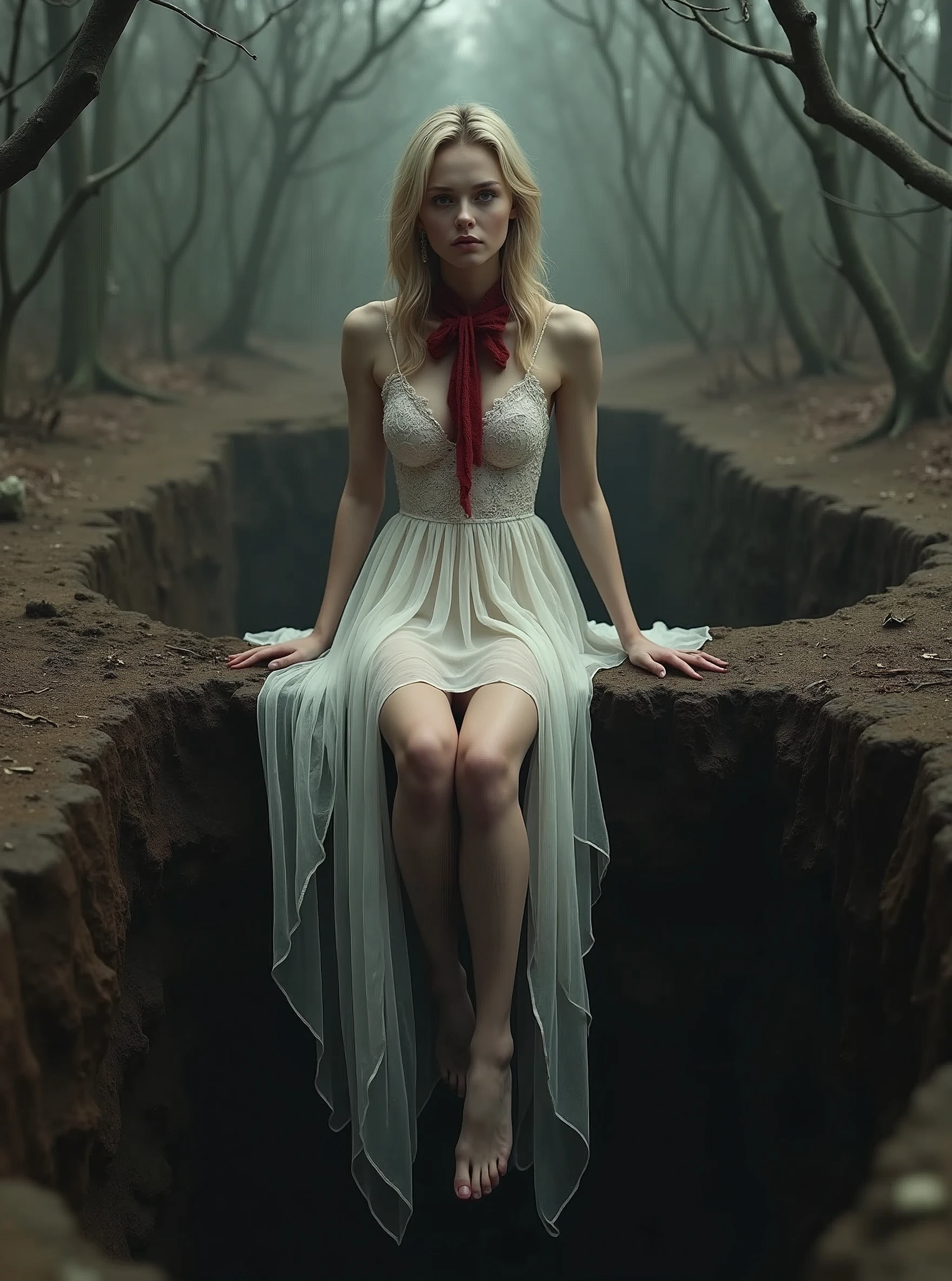 (Photorealism:1.1), Young woman, blonde, medium length hair, Long legs, Beauty, medium breasts, dressed in a long white dress, lace dress, A long train of her dress hangs over the edge of the pit, The pit is only in the foreground, gray eyes color, The background is a dense, dry, gloomy forest of thin branches, a view from inside the grave, Young woman сидит на краю ямы свесив ноги, The view is directed inside the pit, looks up, a red lace, fluffy bow around her neck, The pit is dug in the ground, The edges of the pit are earthen, The pit walls are made of earth, The earth is dark brown, A wide pit, even edges
