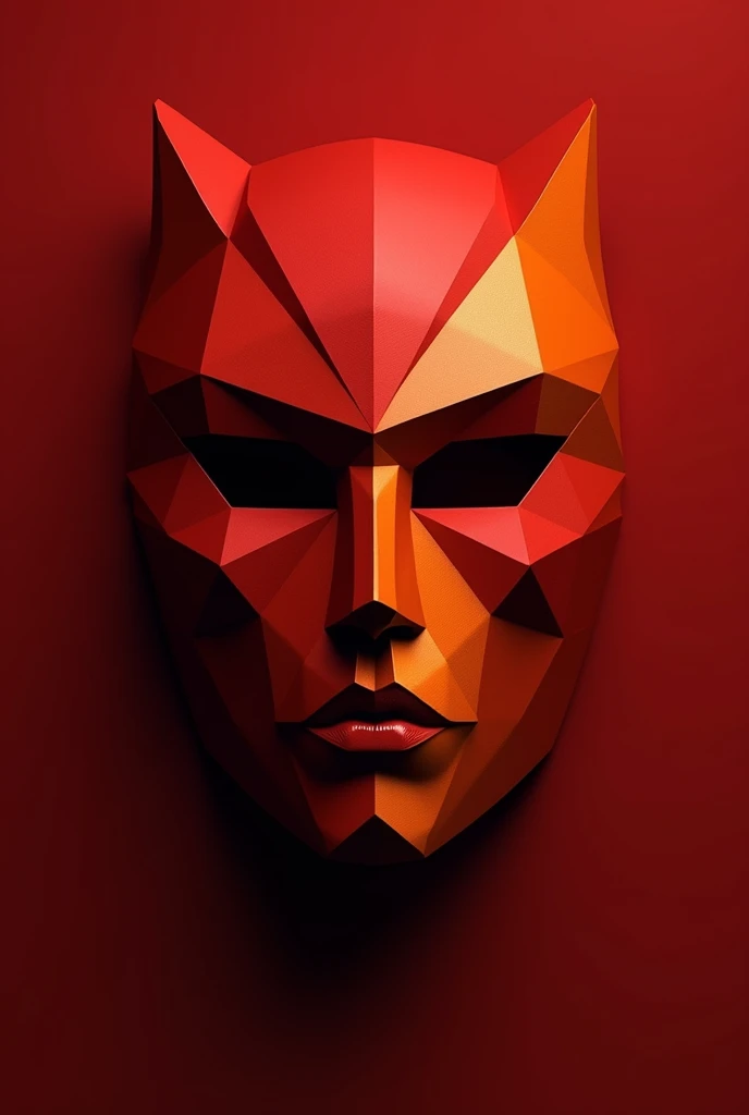 Create a cubist mask image with red colors, maroon, orange with red background