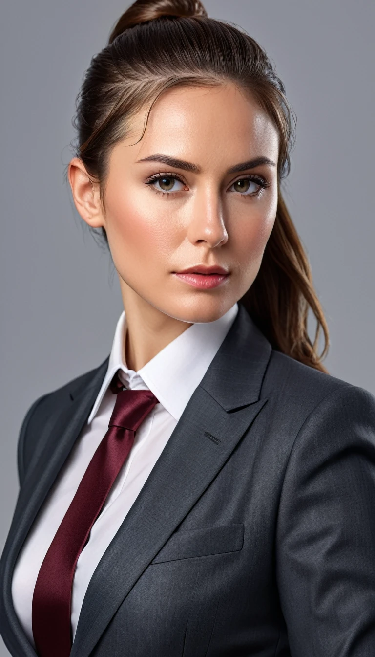 portrait, Beautiful, strong and confident woman, about 35 years, with sharp features, dressed, well-defined jaw, hair pulled tightly into a ponytail, realistic, ultra detailed, (Best quality,8 K,a high resolution,masterpiece:1.2),ultra detailed,(realistic,photorealistic,photo-realistic:1.37),dramatic lighting, dramatic pose, business suit, dangerous, attractive, realistically