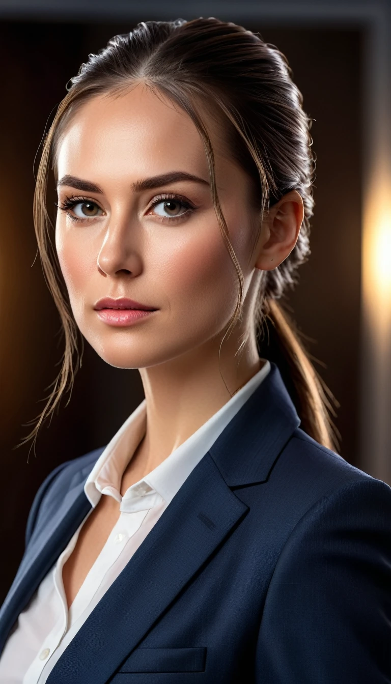 portrait, Beautiful, strong and confident woman, about 35 years, with sharp features, dressed, well-defined jaw, hair pulled tightly into a ponytail, realistic, ultra detailed, (Best quality,8 K,a high resolution,masterpiece:1.2),ultra detailed,(realistic,photorealistic,photo-realistic:1.37),dramatic lighting, dramatic pose, business suit, dangerous, attractive, realistically