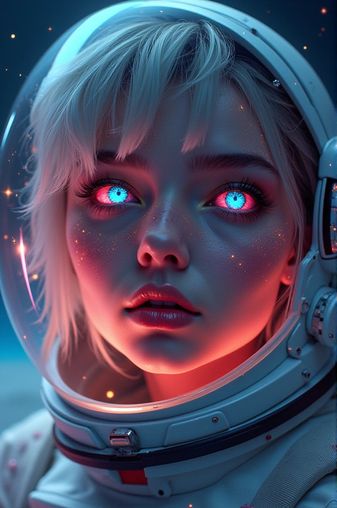 (Close-up of a better masterpiece:1.5)0.9], (Space and astronauts:1.2) (Messy silver hair:1.1) (Heterochromia xanthochromia and blue eyes:1.2) (Space Helmet:1.0) (Colored stars in the eyes:1.0) (A radiant glow:1.1) (thick lips:0.9)