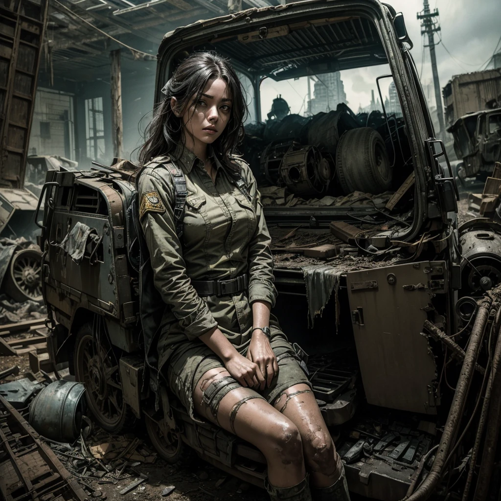 
a mysterious and ghostly woman in a worn and torn uniform sitting near the remains of some military vehicles in a post-apocalyptic and dystopic scenario, the woman is framed in the foreground and with a very detailed face